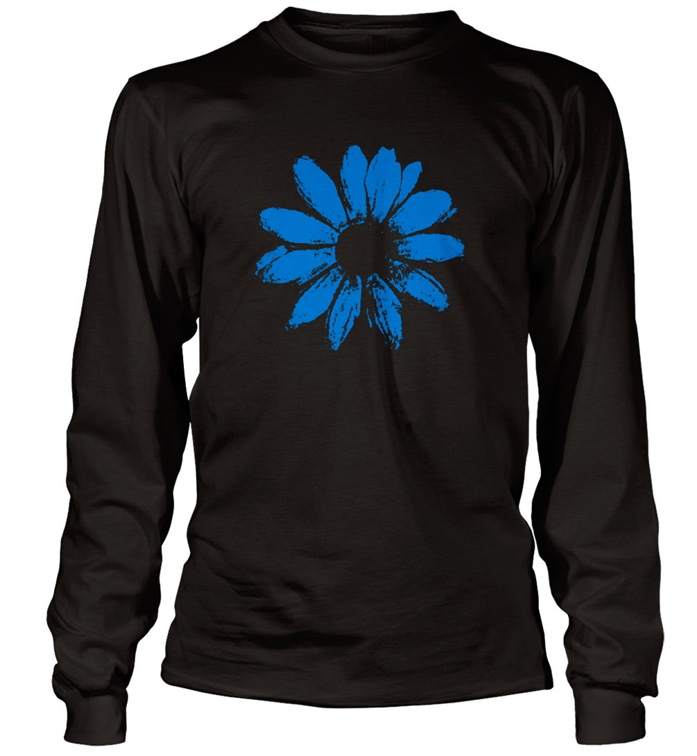 Daisy Long Sleeve, Black T-shirt, Bright Blue print